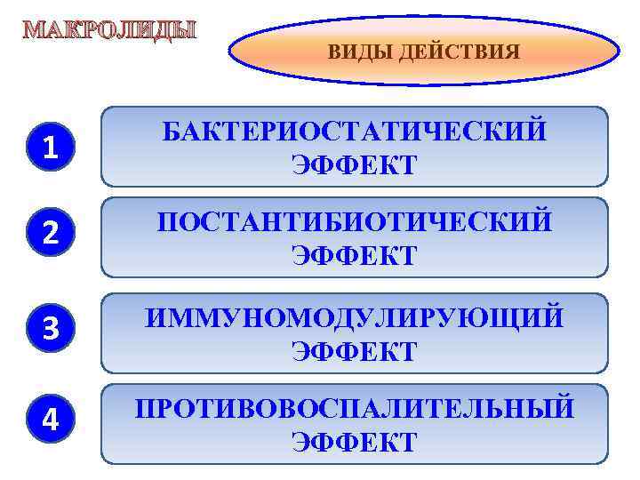 МАКРОЛИДЫ ВИДЫ ДЕЙСТВИЯ 1 БАКТЕРИОСТАТИЧЕСКИЙ ЭФФЕКТ 2 ПОСТАНТИБИОТИЧЕСКИЙ ЭФФЕКТ 3 ИММУНОМОДУЛИРУЮЩИЙ ЭФФЕКТ 4 ПРОТИВОВОСПАЛИТЕЛЬНЫЙ