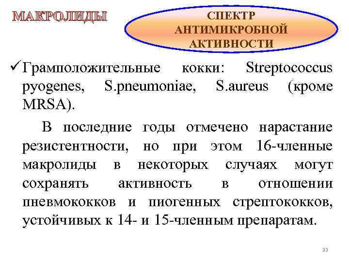 МАКРОЛИДЫ СПЕКТР АНТИМИКРОБНОЙ АКТИВНОСТИ ü Грамположительные кокки: Streptococcus pyogenes, S. pneumoniae, S. aureus (кроме