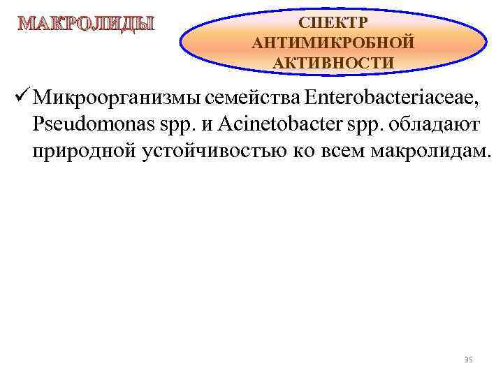 МАКРОЛИДЫ СПЕКТР АНТИМИКРОБНОЙ АКТИВНОСТИ ü Микроорганизмы семейства Enterobacteriaceae, Pseudomonas spp. и Acinetobacter spp. обладают