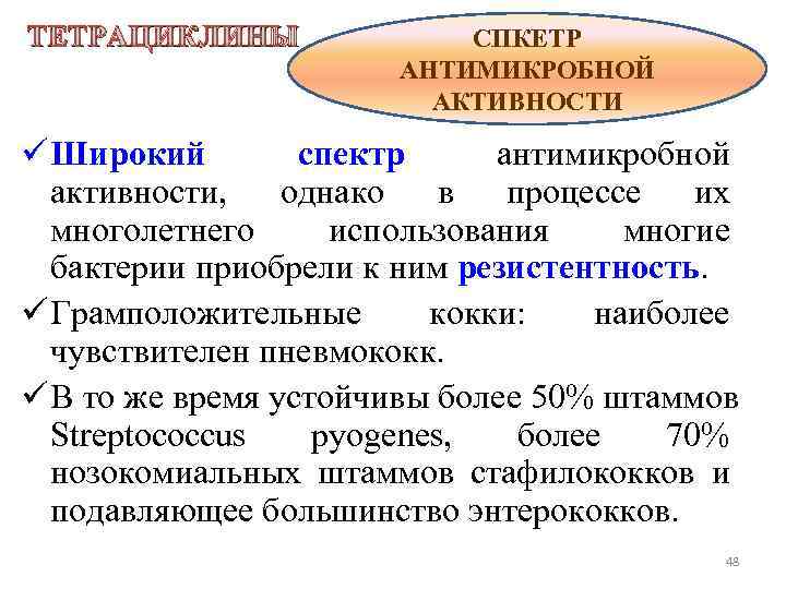 ТЕТРАЦИКЛИНЫ СПКЕТР АНТИМИКРОБНОЙ АКТИВНОСТИ ü Широкий спектр антимикробной активности, однако в процессе их многолетнего