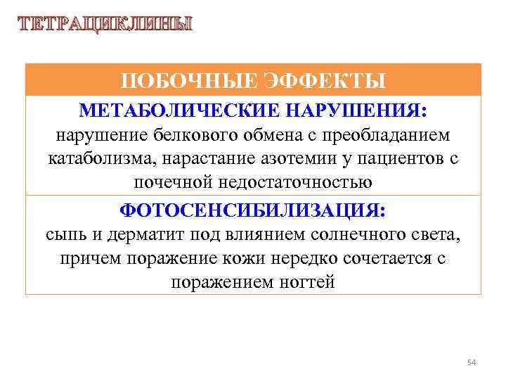 ТЕТРАЦИКЛИНЫ ПОБОЧНЫЕ ЭФФЕКТЫ МЕТАБОЛИЧЕСКИЕ НАРУШЕНИЯ: нарушение белкового обмена с преобладанием катаболизма, нарастание азотемии у