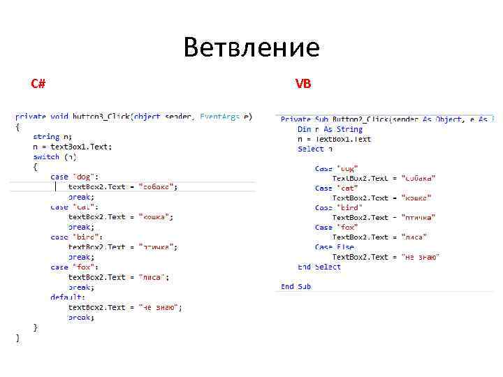 Ветвление C# VB 