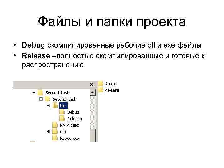 Файлы и папки проекта • Debug скомпилированные рабочие dll и exe файлы • Release