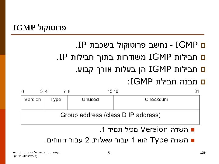 פרוטוקול IGMP - IGMP p נחשב פרוטוקול בשכבת . IP p חבילות IGMP