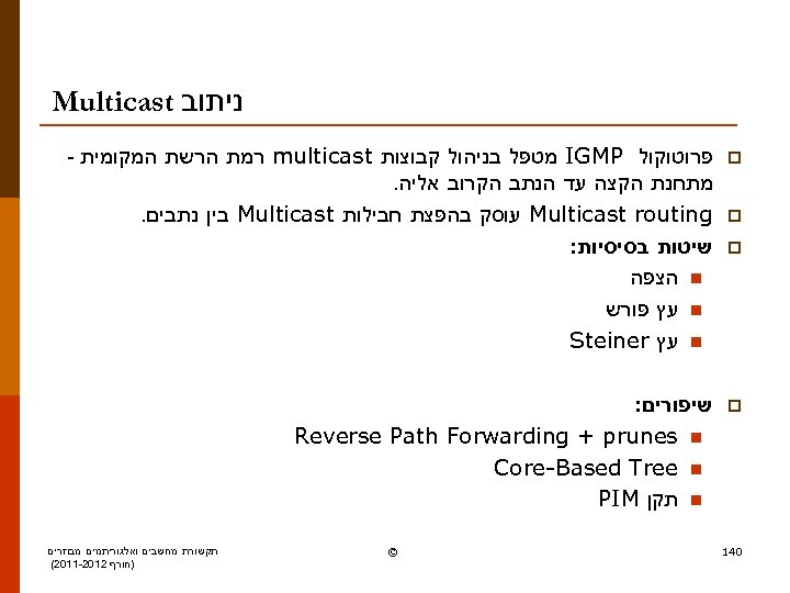  ניתוב Multicast p פרוטוקול IGMP מטפל בניהול קבוצות multicast רמת הרשת המקומית -