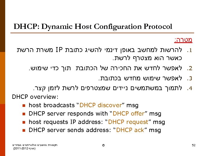  DHCP: Dynamic Host Configuration Protocol מטרה: 1. להרשות למחשב באופן דינמי להשיג כתובת