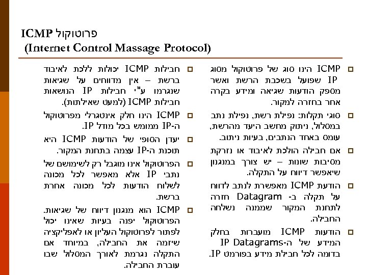  פרוטוקול ICMP ) (Internet Control Massage Protocol p p p ICMP הינו סוג