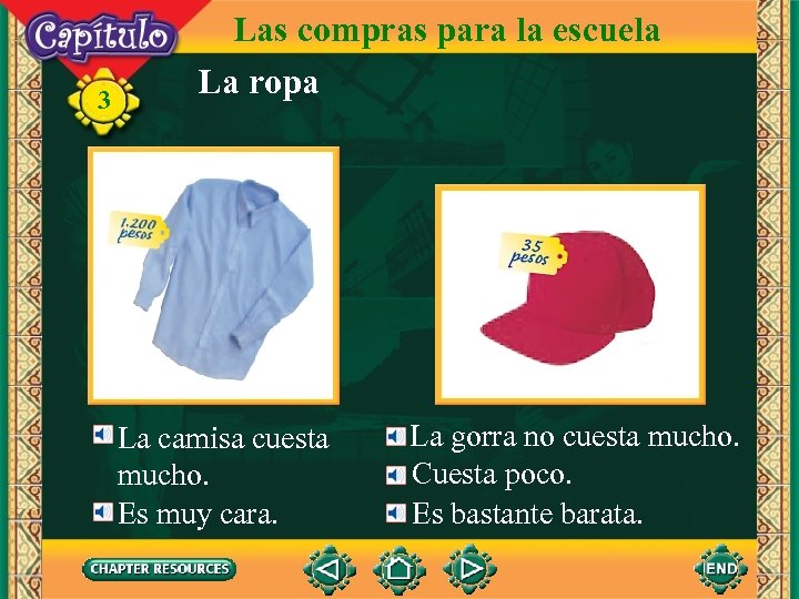 3 Las compras para la escuela La ropa 35 pesos La camisa cuesta mucho.