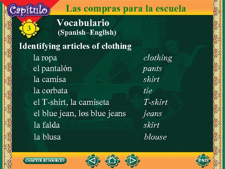 3 Las compras para la escuela Vocabulario (Spanish–English) Identifying articles of clothing la ropa