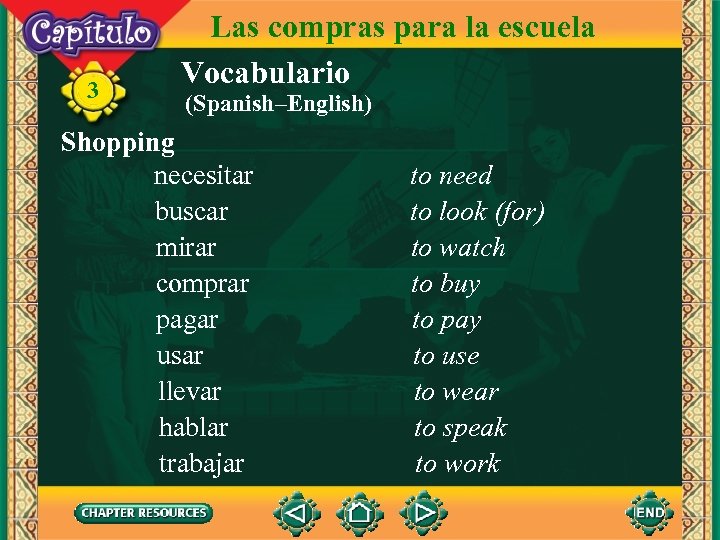 3 Las compras para la escuela Vocabulario (Spanish–English) Shopping necesitar buscar mirar comprar pagar