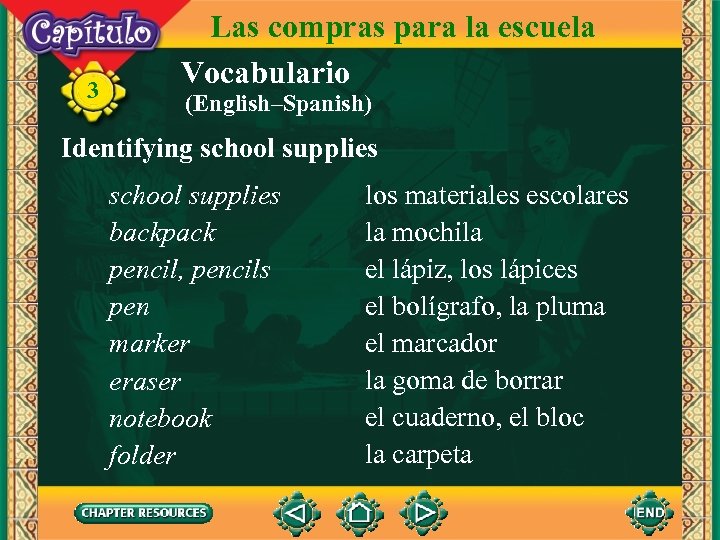 3 Las compras para la escuela Vocabulario (English–Spanish) Identifying school supplies backpack pencil, pencils