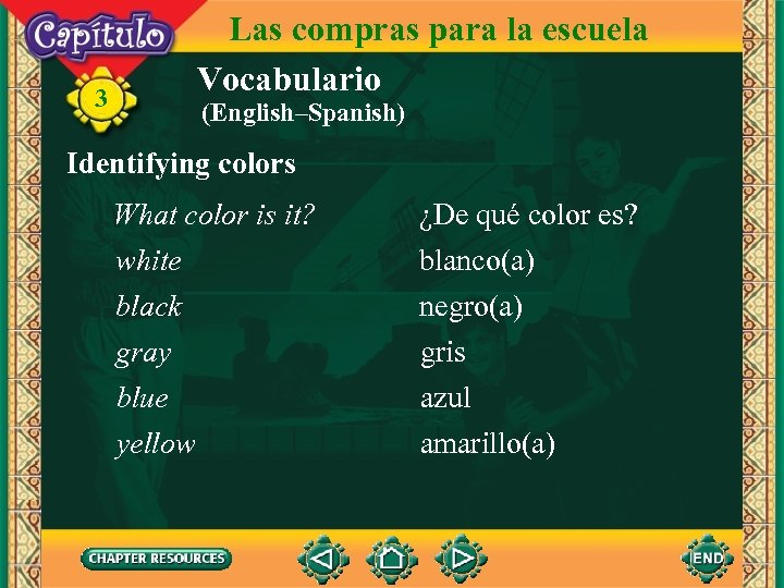 3 Las compras para la escuela Vocabulario (English–Spanish) Identifying colors What color is it?