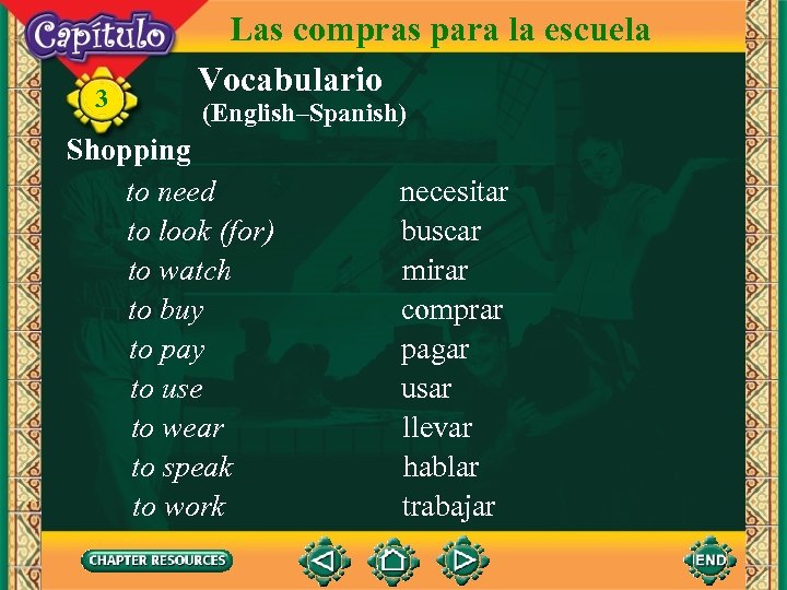 3 Las compras para la escuela Vocabulario (English–Spanish) Shopping to need to look (for)