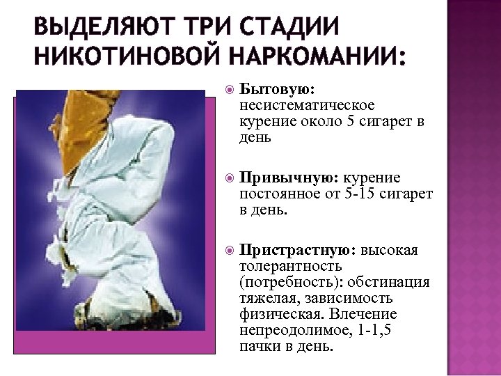 ВЫДЕЛЯЮТ ТРИ СТАДИИ НИКОТИНОВОЙ НАРКОМАНИИ: Бытовую: несистематическое курение около 5 сигарет в день Привычную: