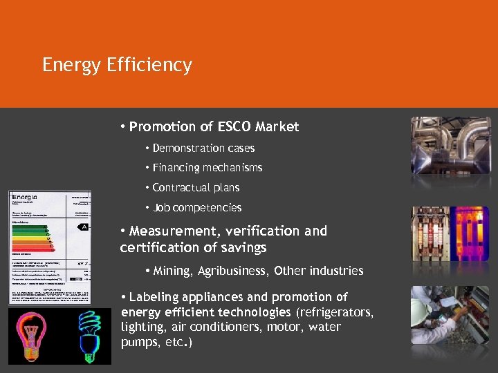 Energy Efficiency • Promotion of ESCO Market • Demonstration cases • Financing mechanisms •