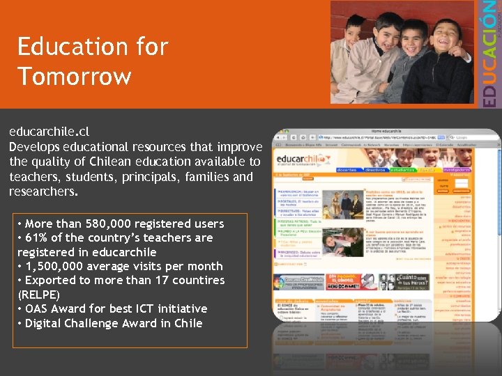 Education for Tomorrow educarchile. cl Develops educational resources that improve the quality of Chilean