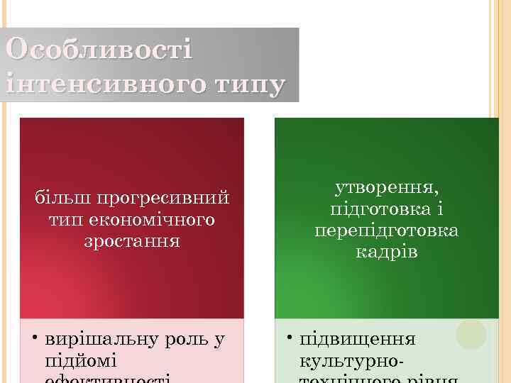 Особливості інтенсивного типу більш прогресивний тип економічного зростання • вирішальну роль у підйомі утворення,