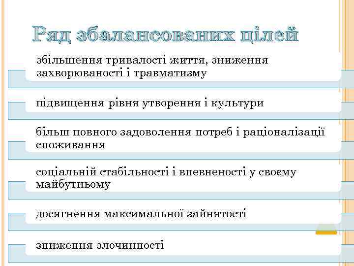 Ряд збалансованих цілей збільшення тривалості життя, зниження захворюваності і травматизму підвищення рівня утворення і