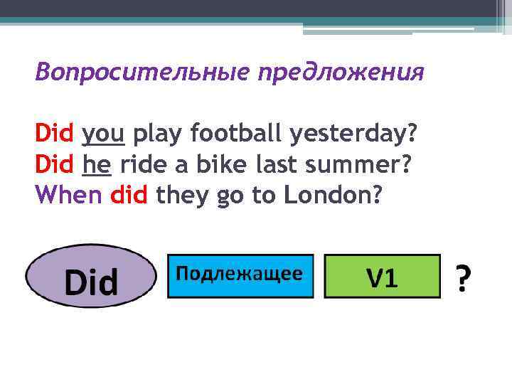 Вопросительные предложения Did you play football yesterday? Did he ride a bike last summer?