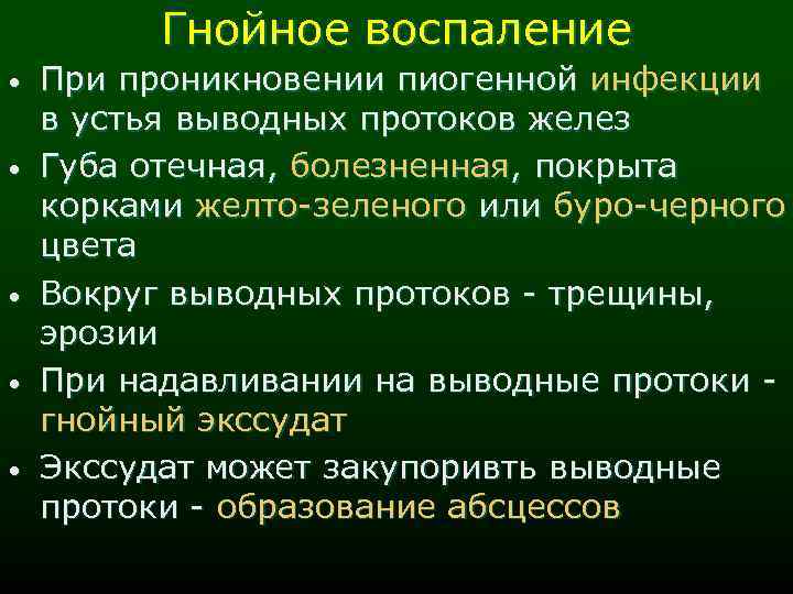 Гнойное воспаление • • • При проникновении пиогенной инфекции в устья выводных протоков желез