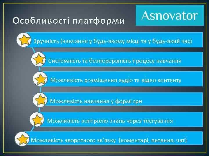Особливості платформи Зручність (навчання у будь-якому місці та у будь-який час) Системність та безперервність