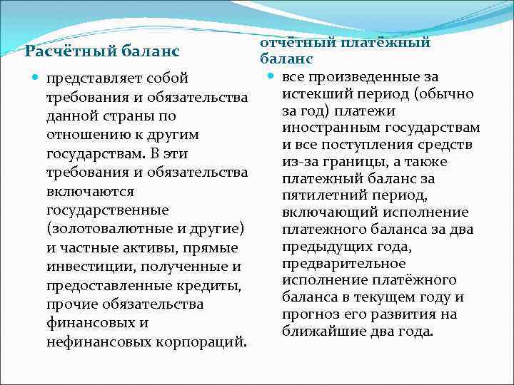 Расчётный баланс представляет собой требования и обязательства данной страны по отношению к другим государствам.