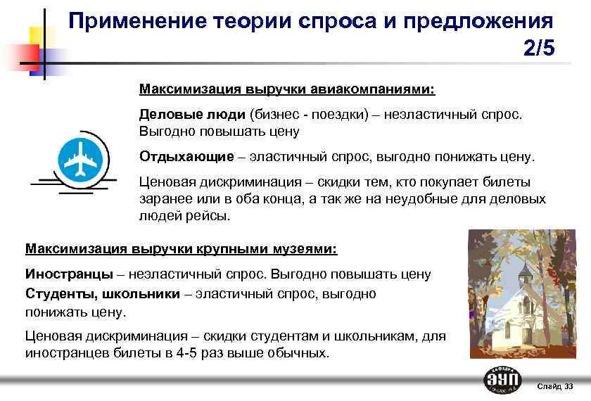 Применение теории спроса и предложения 2/5 Максимизация выручки авиакомпаниями: Деловые люди (бизнес - поездки)