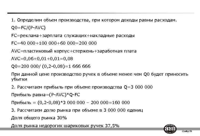 Расчет точки безубыточности 1. Определим объем производства, при котором доходы равны расходам. Q 0=FC/(P-AVC)