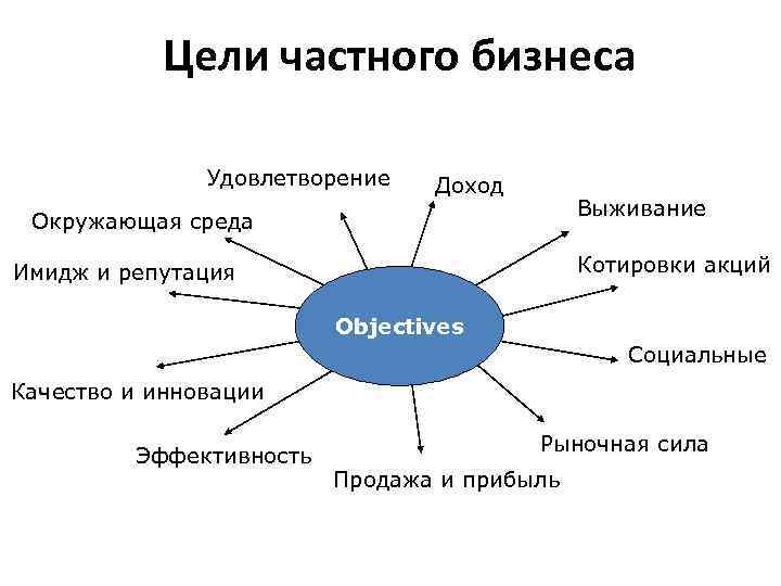 Цели частного бизнеса Удовлетворение Доход Выживание Окружающая среда Котировки акций Имидж и репутация Objectives