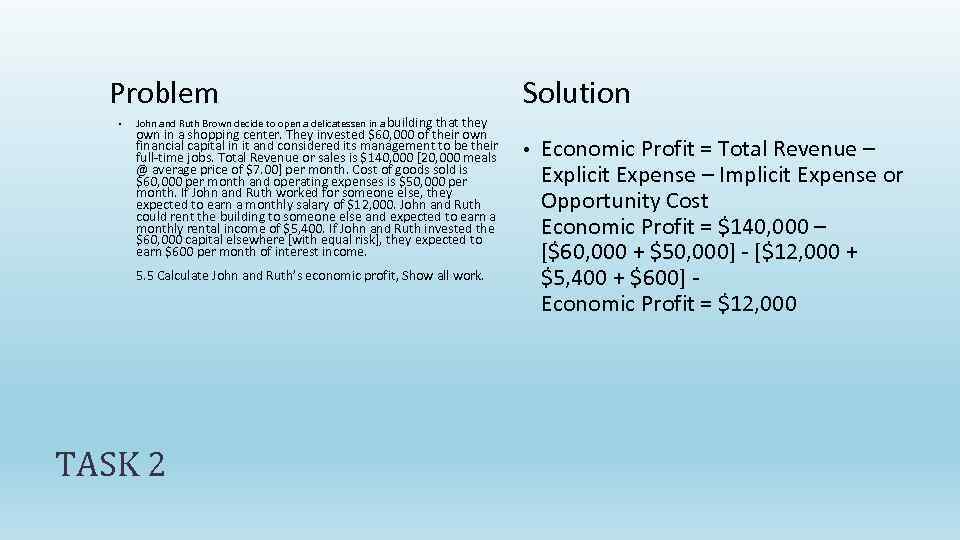 Problem • Solution John and Ruth Brown decide to open a delicatessen in a