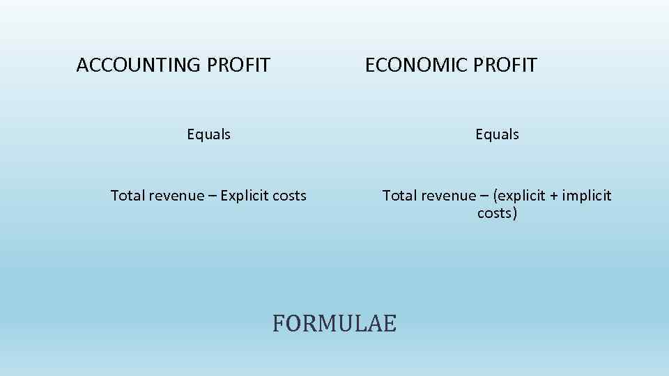 ACCOUNTING PROFIT ECONOMIC PROFIT Equals Total revenue – Explicit costs Total revenue – (explicit