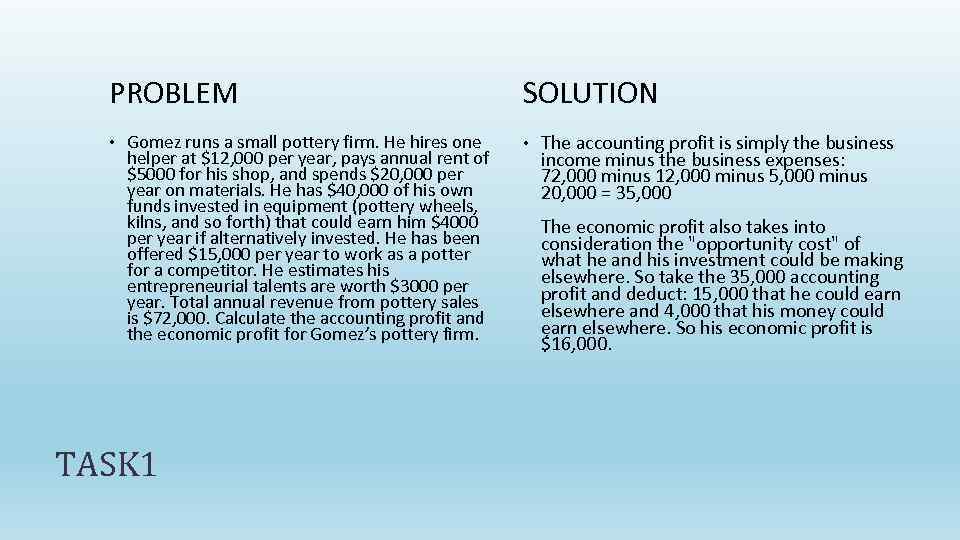 PROBLEM • Gomez runs a small pottery firm. He hires one helper at $12,