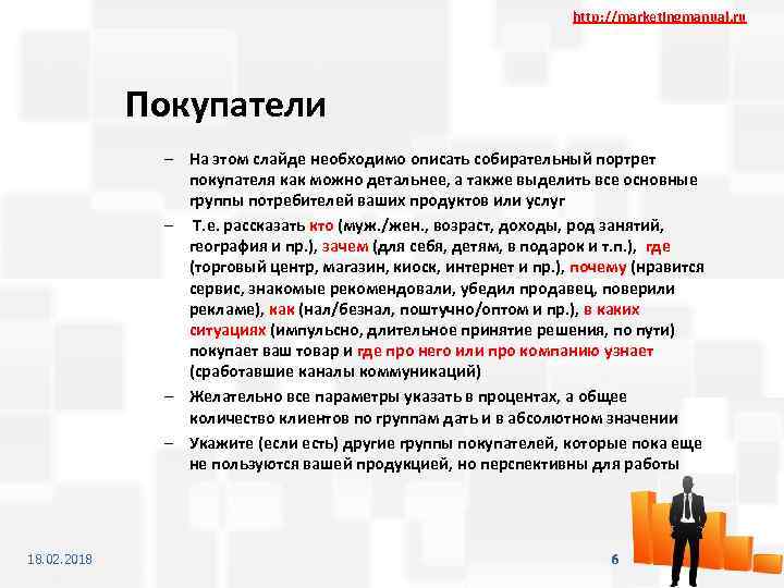 http: //marketingmanual. ru Покупатели – На этом слайде необходимо описать собирательный портрет покупателя как