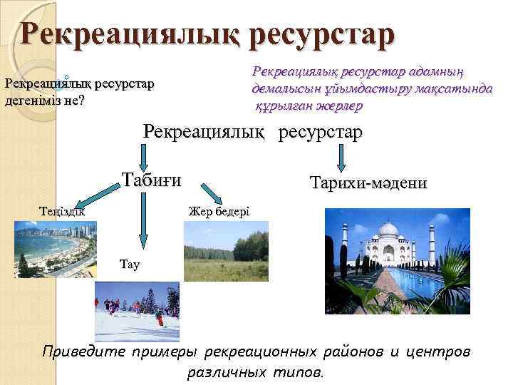 Рекреациялық ресурстар адамның демалысын ұйымдастыру мақсатында құрылған жерлер Рекреациялық ресурстар дегеніміз не? Рекреациялық ресурстар