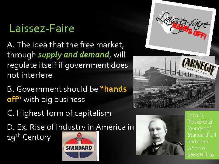 Laissez-Faire A. The idea that the free market, through supply and demand, will regulate