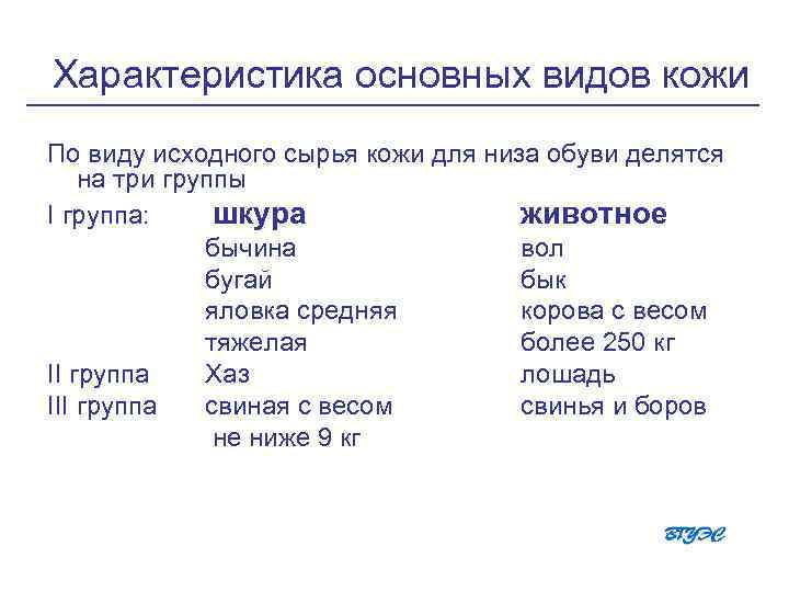 Характеристика основных видов кожи По виду исходного сырья кожи для низа обуви делятся на