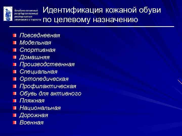 Владивостокский государственный университет экономики и сервиса Идентификация кожаной обуви по целевому назначению Повседневная Модельная