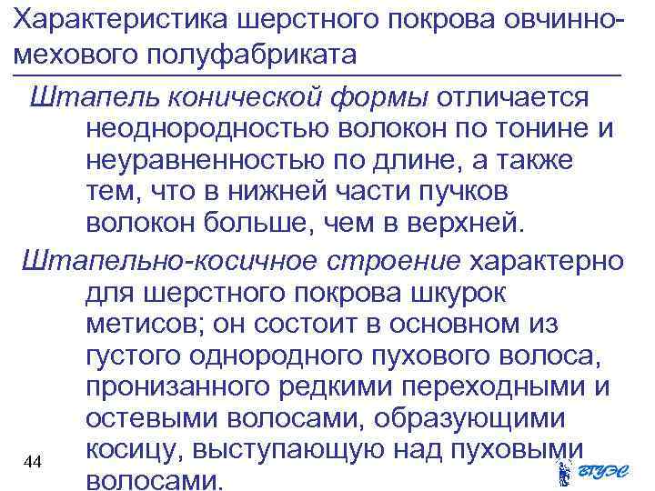 Характеристика шерстного покрова овчинно мехового полуфабриката Штапель конической формы отличается неоднородностью волокон по тонине