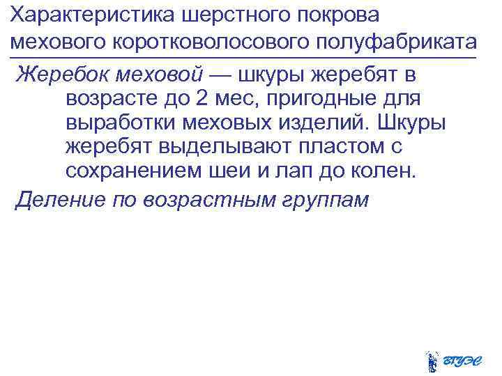 Характеристика шерстного покрова мехового коротковолосового полуфабриката Жеребок меховой — шкуры жеребят в возрасте до