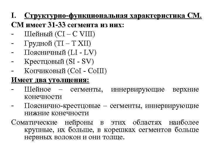 I. Структурно-функциональная характеристика СМ. СМ имеет 31 -33 сегмента из них: - Шейный (СI