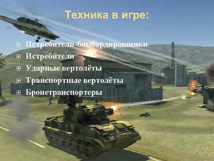 Техника в игре: Истребители-бомбардировщики Истребители Ударные вертолёты Транспортные вертолёты Бронетранспортеры 