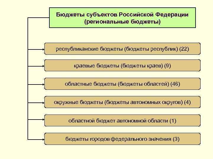 Бюджеты субъектов Российской Федерации (региональные бюджеты) республиканские бюджеты (бюджеты республик) (22) краевые бюджеты (бюджеты