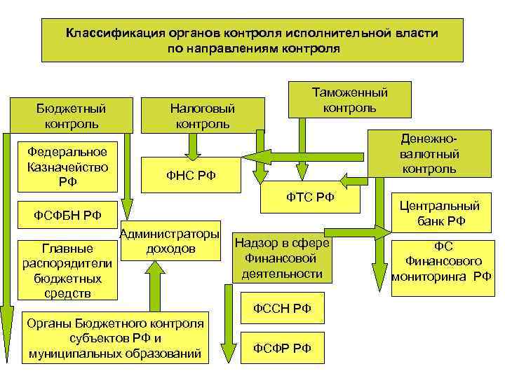 Классификация органов контроля исполнительной власти по направлениям контроля Бюджетный контроль Федеральное Казначейство РФ Таможенный