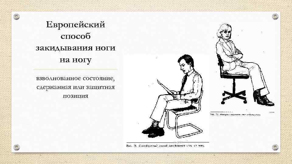 Европейский способ закидывания ноги на ногу взволнованное состояние, сдержанная или защитная позиция 