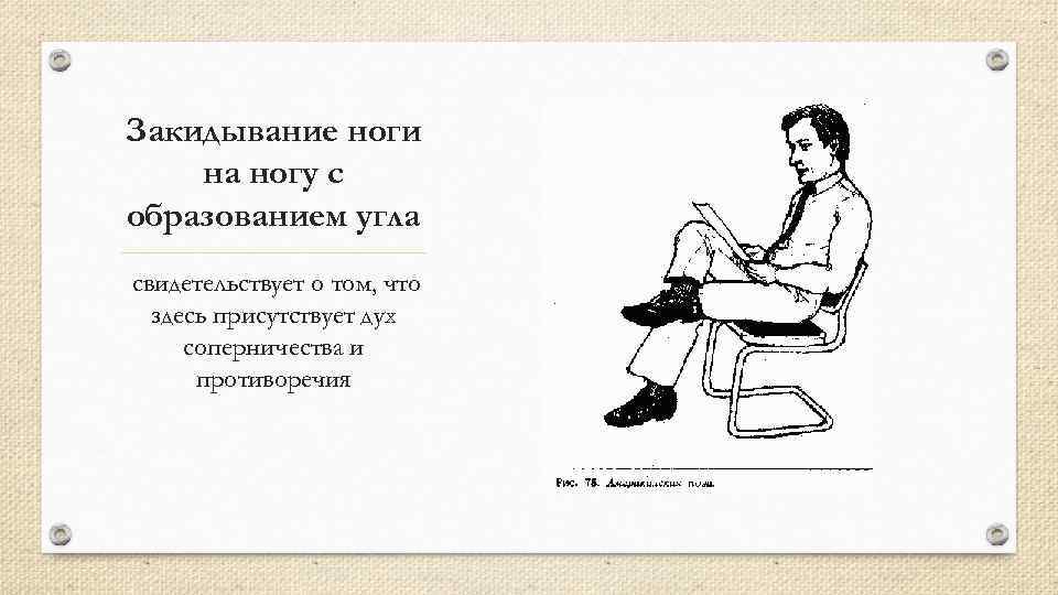 Закидывание ноги на ногу с образованием угла свидетельствует о том, что здесь присутствует дух