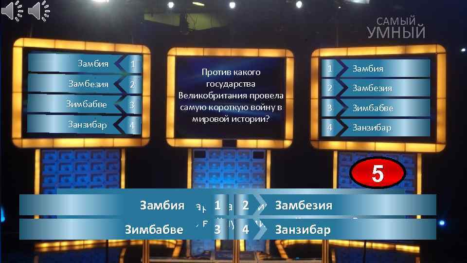 САМЫЙ УМНЫЙ Замбия 1 Замбезия 2 Зимбабве 3 Занзибар 4 Против какого государства Великобритания
