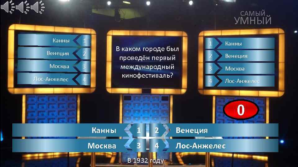 САМЫЙ УМНЫЙ Канны 1 Венеция 2 Москва 3 Лос-Анжелес 4 В каком городе был