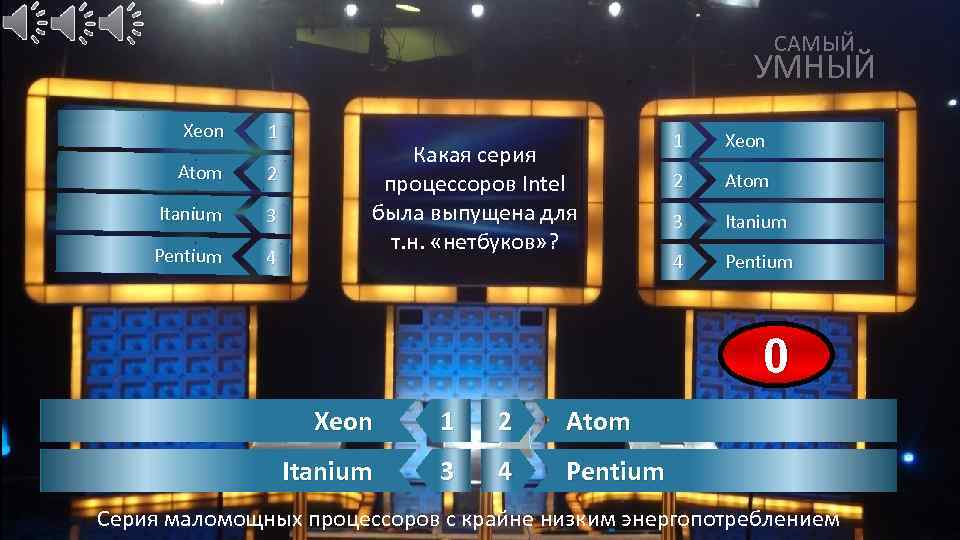 САМЫЙ УМНЫЙ Xeon 1 Atom 2 Itanium 3 Pentium 4 Какая серия процессоров Intel