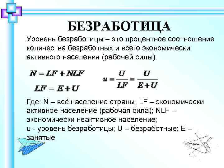 БЕЗРАБОТИЦА Уровень безработицы – это процентное соотношение количества безработных и всего экономически активного населения