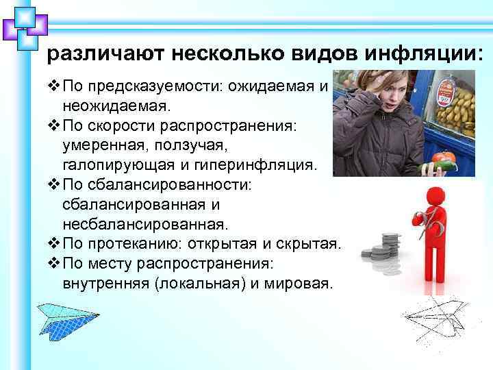 различают несколько видов инфляции: v. По предсказуемости: ожидаемая и неожидаемая. v. По скорости распространения: